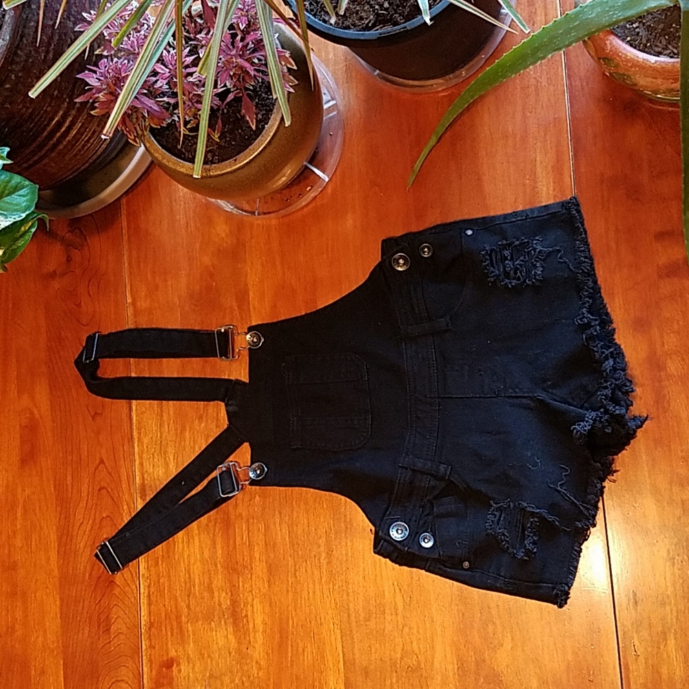 Black Empyre Distressed Overall Shorts